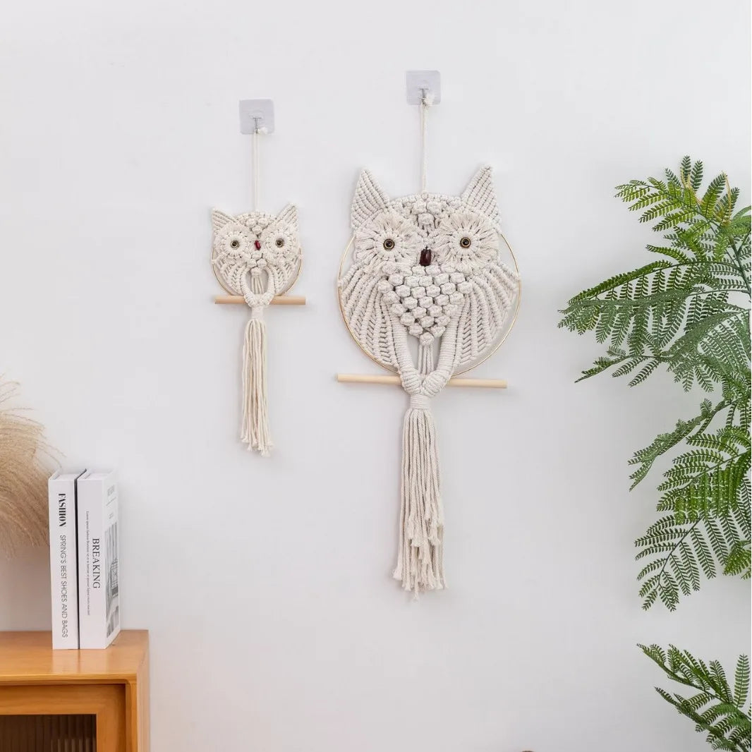 Owl Macrame Wall Hanging, Bohemian Hand Woven Boho Tapestry Owl Macrame Wall Art Decor for Living Room Office Bedroom Home Decor