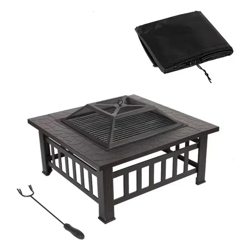 Modern Black Powder Coated Metal Fire Pit Table - Square Wood Burning Stove Heavy Duty Rustproof  Outdoor Patio Garden BBQ Party