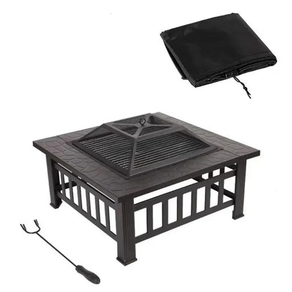 Modern Black Powder Coated Metal Fire Pit Table - Square Wood Burning Stove Heavy Duty Rustproof  Outdoor Patio Garden BBQ Party