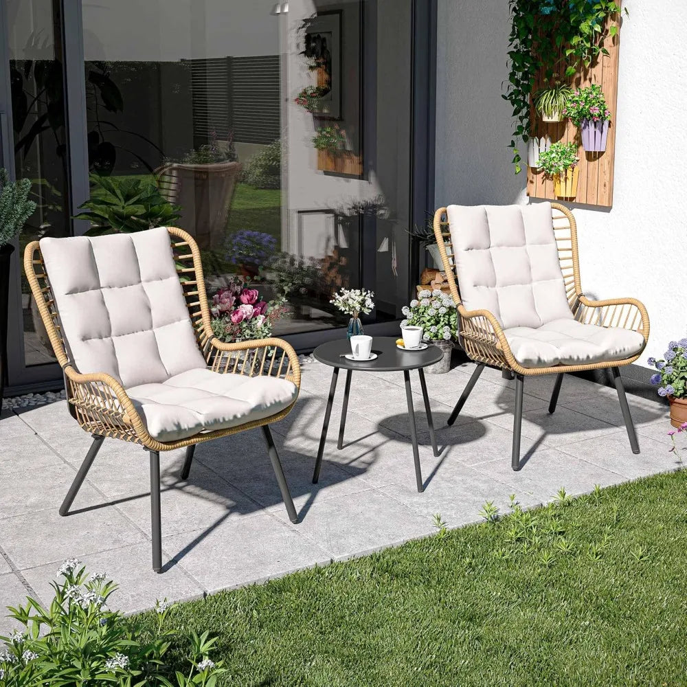 Outdoor Bistro Set, Small Patio Furniture Set with Coffee Table and Thick Cushions, Front Porch Furniture for Lawn, Garden