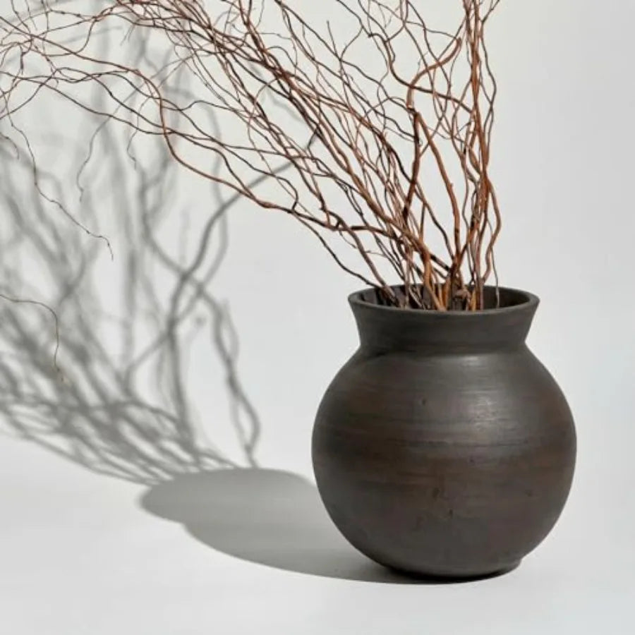 Brown ceramic large 13 tall Zen-style vase for home decor terra cotta pitcher with distressed farmhouse finish pottery decorati