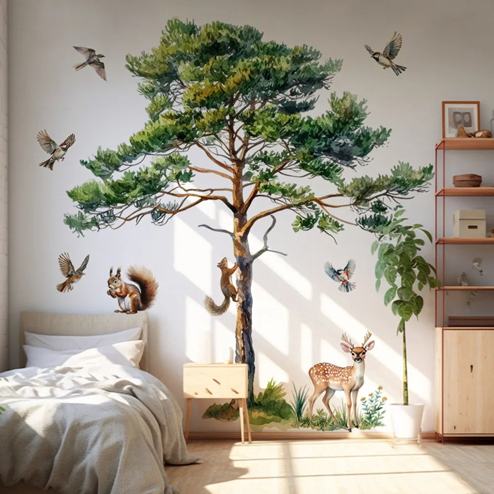 Large Pine Tree Wall Stickers Squirrel Deer Birds Forest Animal Decals Removable Vinyl Mural for Nursery Living Room Home Decor