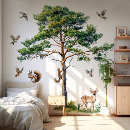 Large Pine Tree Wall Stickers Squirrel Deer Birds Forest Animal Decals Removable Vinyl Mural for Nursery Living Room Home Decor