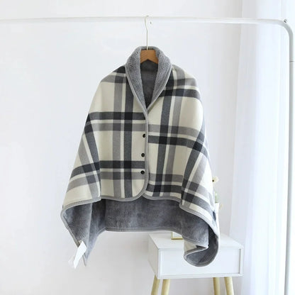 Fleece Wearable Blanket, Plaid Lap Blanket Comfy Poncho Throw with Button Plaid Throw Cushion for Bed Sofa Office