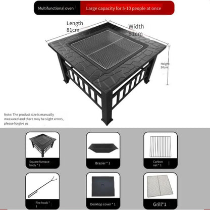Modern Black Powder Coated Metal Fire Pit Table - Square Wood Burning Stove Heavy Duty Rustproof  Outdoor Patio Garden BBQ Party