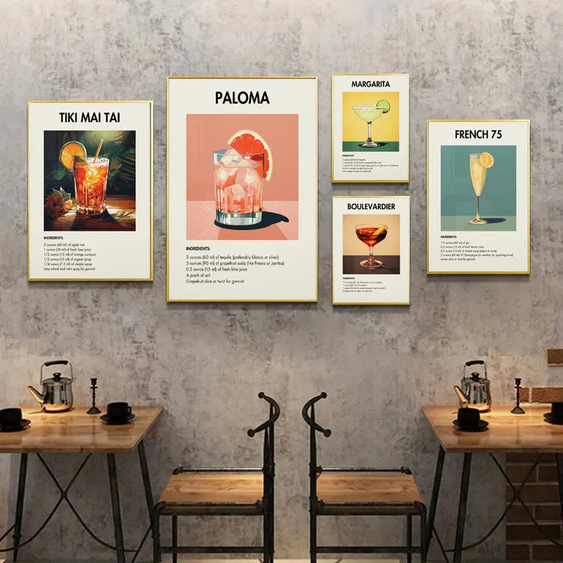 Classic Simple Bar Drinks Liquor Cocktail Bartending Recipe Poster Canvas Art Painting Prints Home Room Bar Wall Decoration