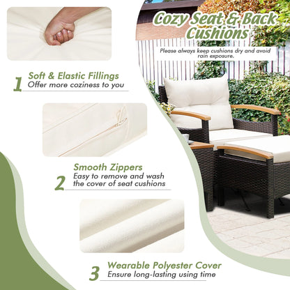 5PCS Patio Rattan Furniture Set Sofa Ottoman Cushioned Table W/Wood Top