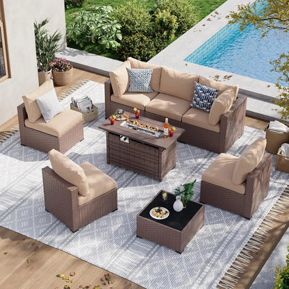 8-Piece Wicker Patio Sectional Sofa Set with 44" Fire Pit Table & Thickened Cushion for Outdoor, Custom