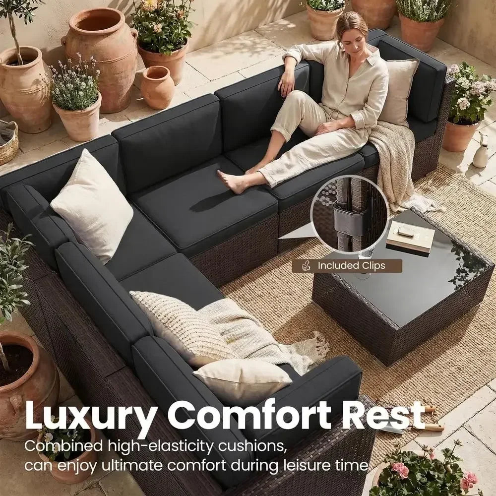 6-Piece Outdoor Wicker Sectional Sofa Set with 44 Propane Gas Fire Pit Table