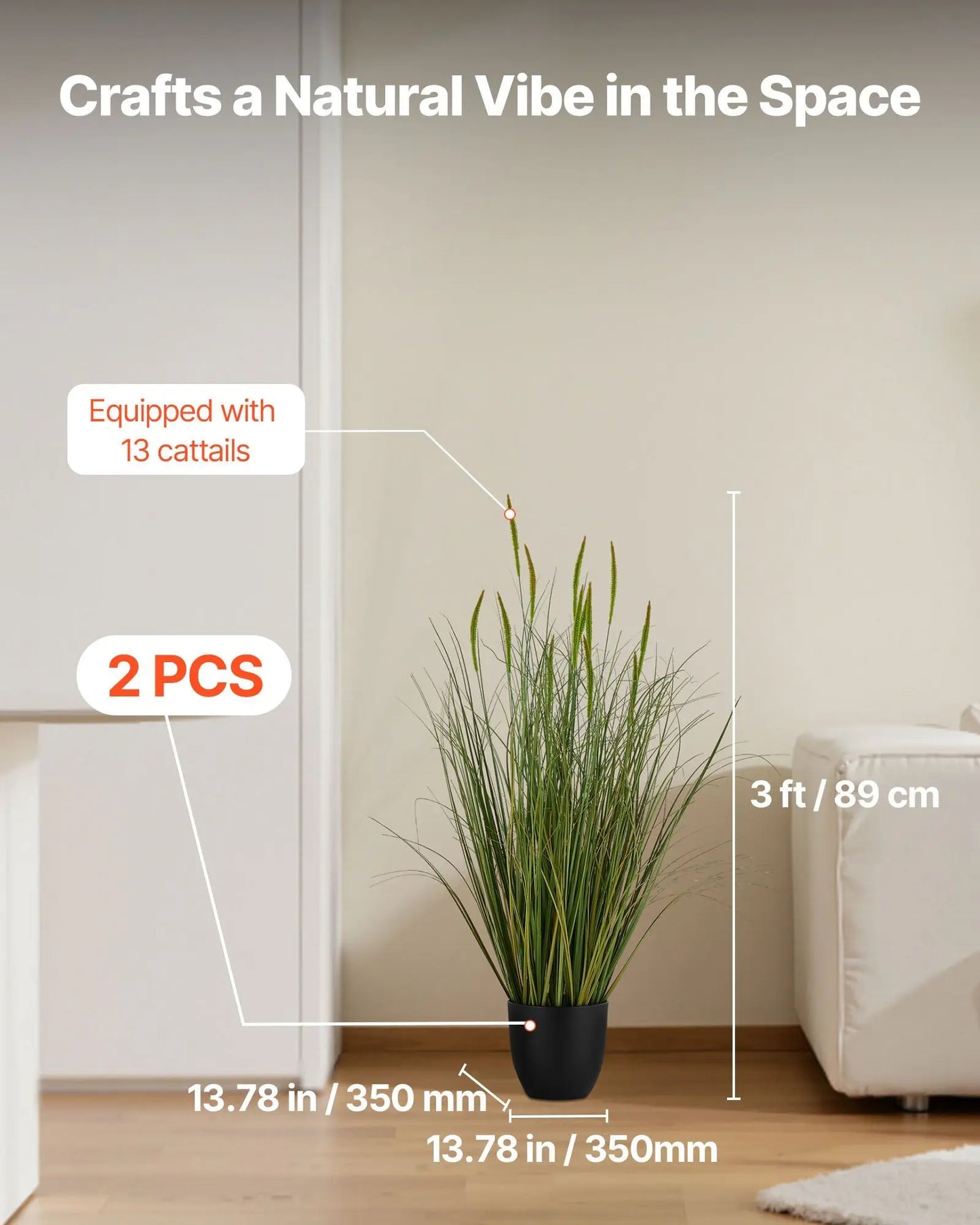 Artificial Grass Plant, 2 Pack 35 inch Cattail Grass in Pot, Premium PVC Faux Fake Greenery Shrubs Plant for Indoor Outdoor House Home Garden Office Room Décor, Housewarming, Green