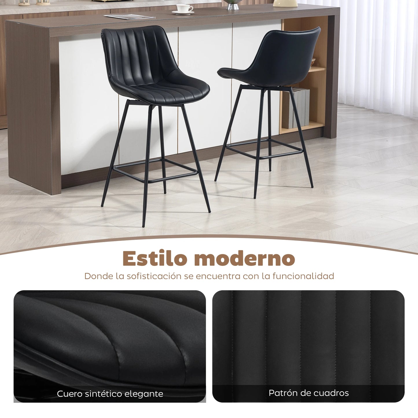 Homcom Set of 2 Swivel Bar Stools, High Kitchen Stools with Curved Backrest and Footrest, Pu Upholstered