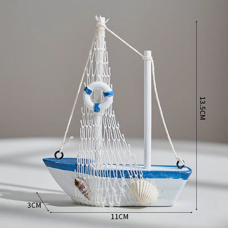1pc Mini Mediterranean Style Marine Nautical Wooden Blue Sailing Boat Ship Wood Crafts Ornaments Party Room Home Decoration