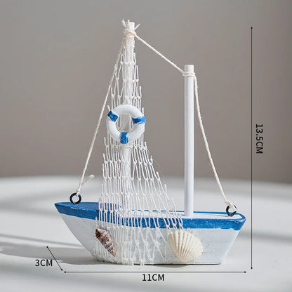 1pc Mini Mediterranean Style Marine Nautical Wooden Blue Sailing Boat Ship Wood Crafts Ornaments Party Room Home Decoration