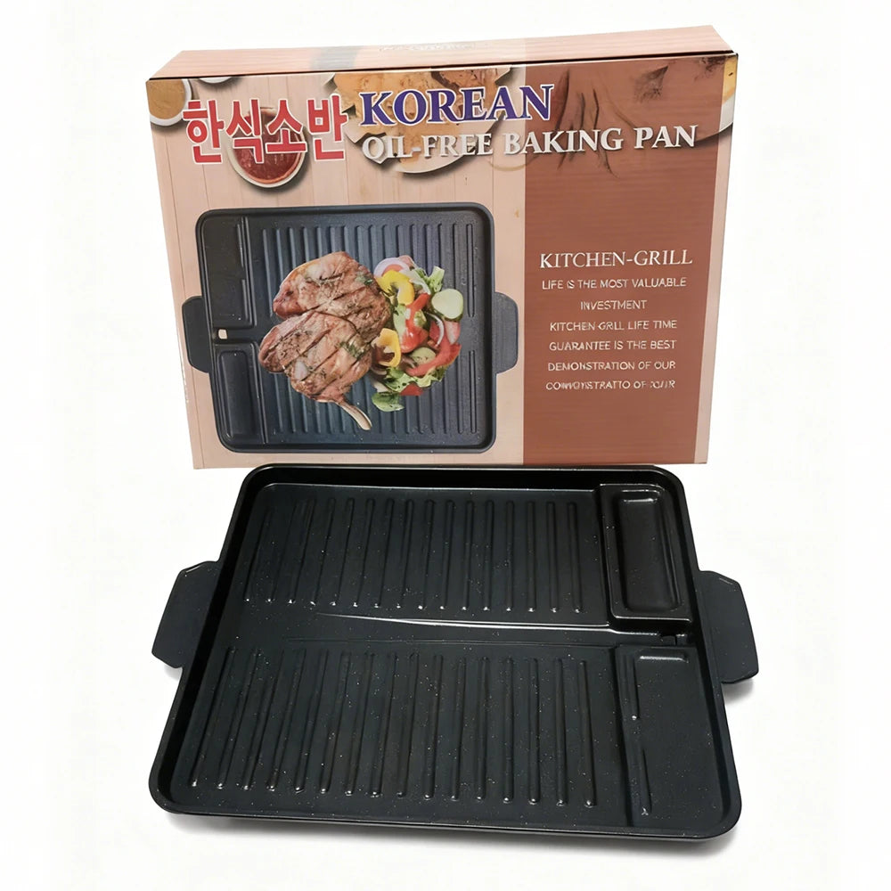 Korean Grill Pan for Indoor Outdoor Cooking Non-Stick Coated Smokeless BBQ Rectangular Barbecue Plate with Oil Hole