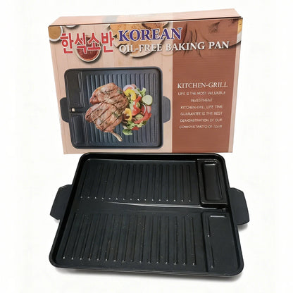 Korean Grill Pan for Indoor Outdoor Cooking Non-Stick Coated Smokeless BBQ Rectangular Barbecue Plate with Oil Hole