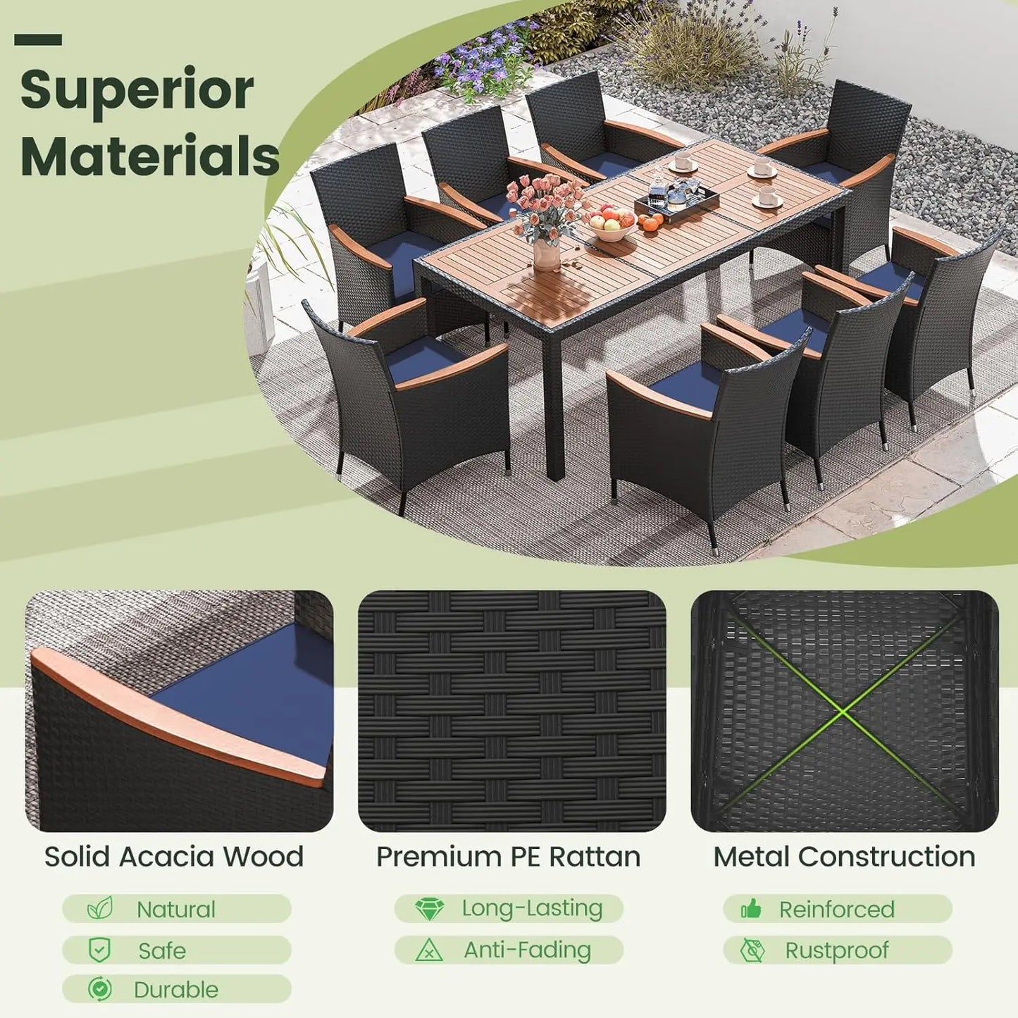 9pc Patio Dining Set Rattan Table & Chairs w/ Umbrella Hole Acacia Wood Top Backyard Balcony Poolside Navy, Custom