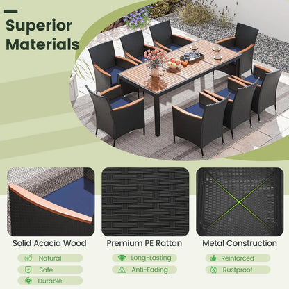 9pc Patio Dining Set Rattan Table & Chairs w/ Umbrella Hole Acacia Wood Top Backyard Balcony Poolside Navy, Custom