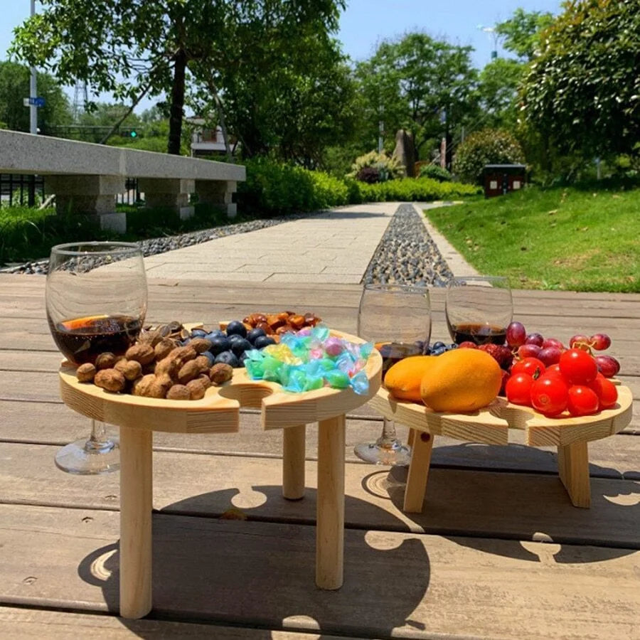For Garden Party Folding Outdoor Wooden Table Round Collapsible Picnic Desk With Wine Glass Holder 2in1 Rack