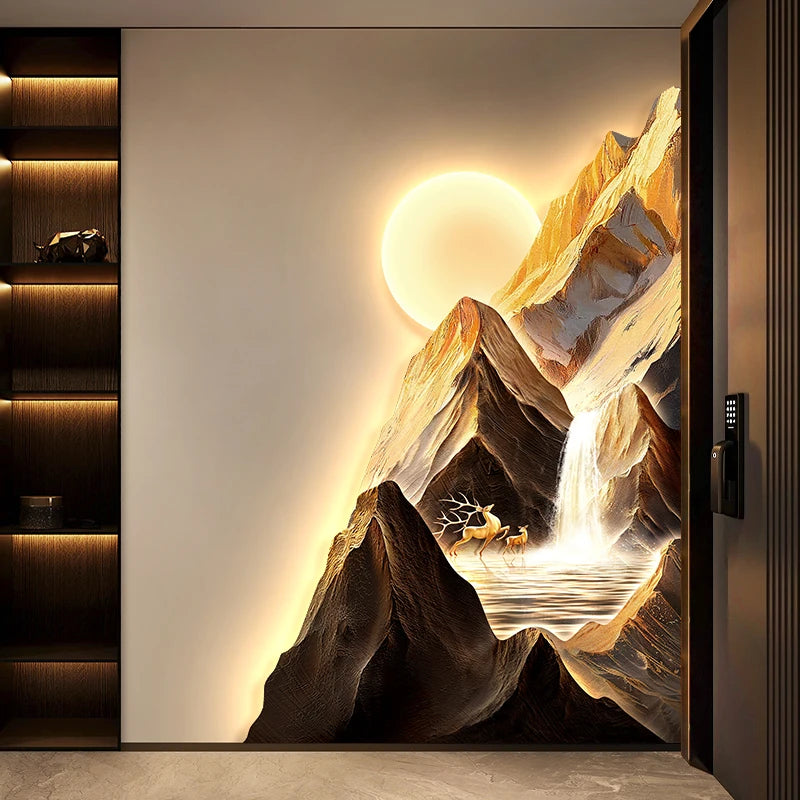 Backed by the Jinshan Luxury Vanity Wall Lamp Painting, the Living Room Features LED High-End Style Sofa and Background Wall Lam