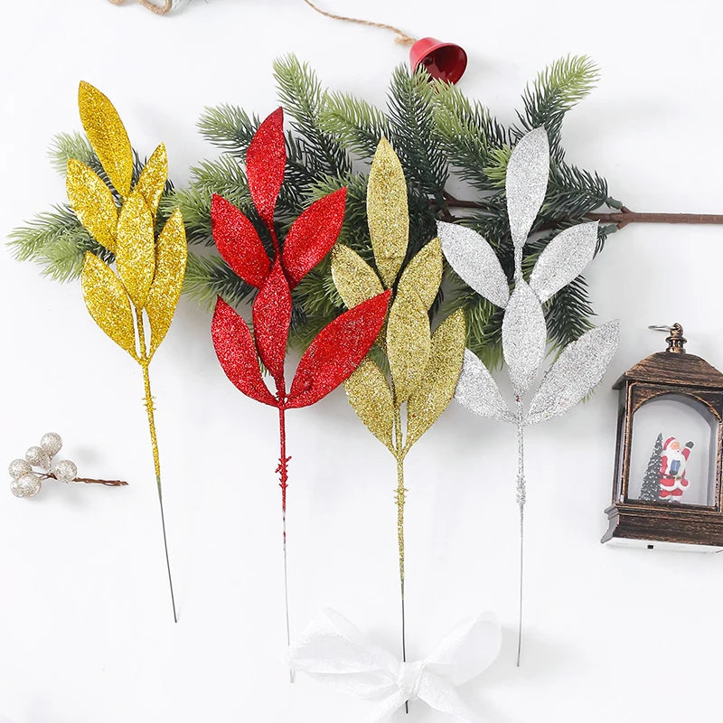 5Pcs Christmas Decoration Glitter Artificial Leaves Bouquet Xmas Tree for Home Decor DIY Wreath Crafts Gift Garland Accessories