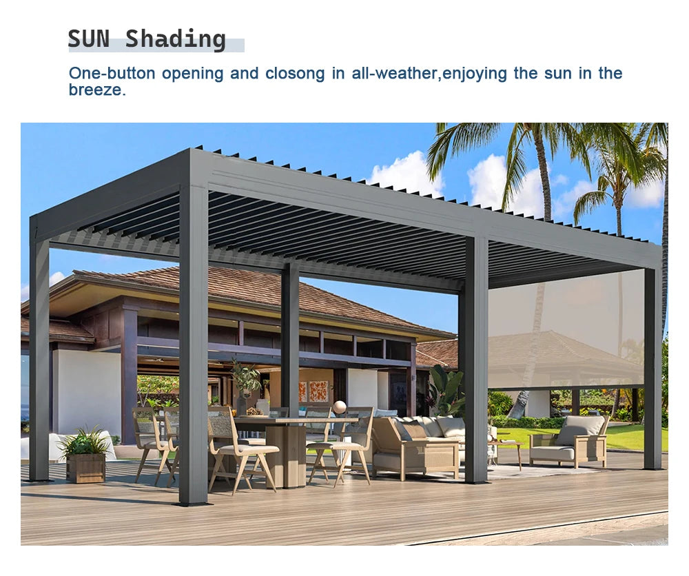 Luxury Aluminum Louvered Pergola Outdoor Patio Terrace Gazebo Electric Sunshade Waterproof UV Resistant Weatherproof Durable