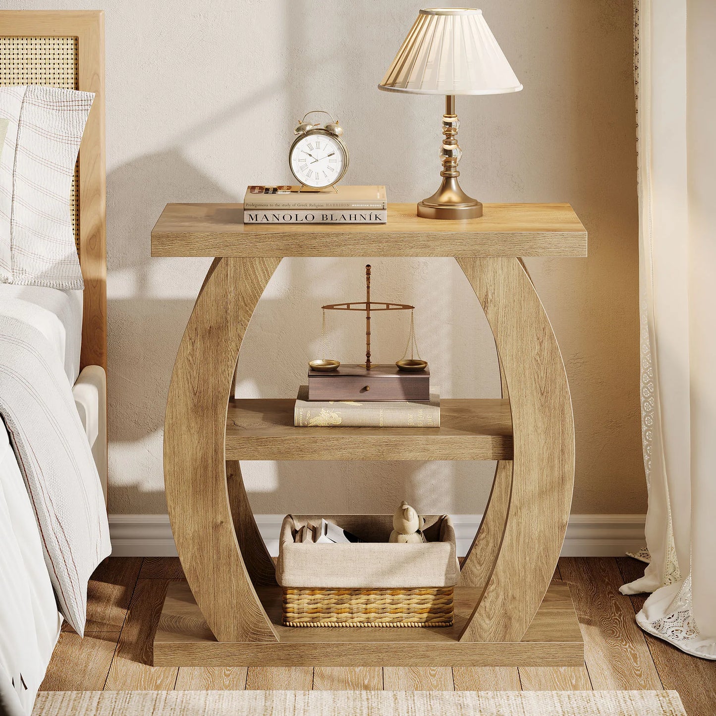 Tribesigns End Table for Living Room, 3-Tier Narrow Side Table with Storage, Farmhouse Wooden Beside Table with Geometric Frame, Tall Nightstand for Bedroom, Small Spaces, Natural Oak