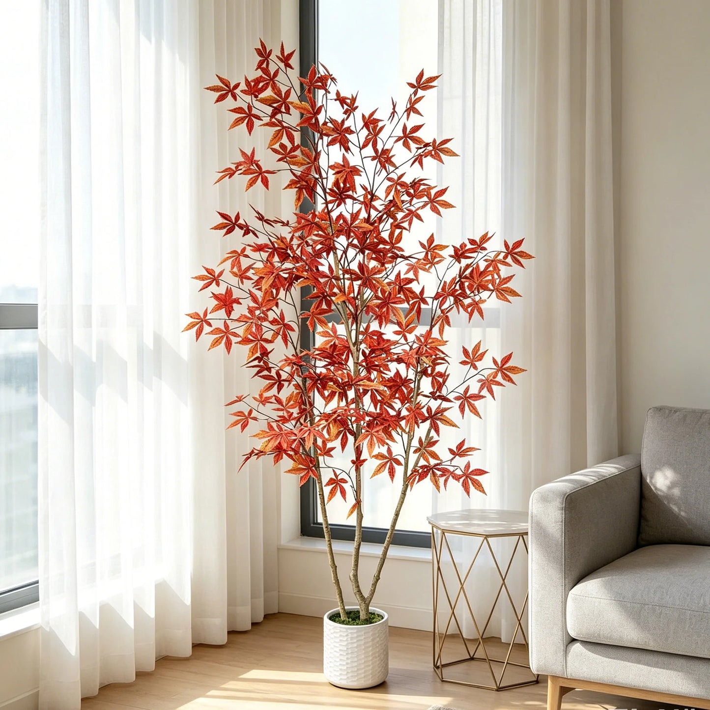 180-210cm/6.9ft Artificial Maple Plant Tree Potted Autumn Indoor Outdoor Ornament Home Garden Balcony Living Room Party Decor