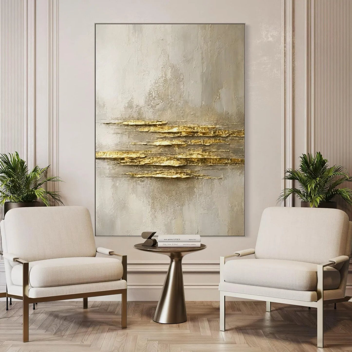 Mhemyo Large White and Gold Abstract Oil Painting Textured Minimalist Wall Art Handmade Luxury Canvas Modern Neutral Home Decor