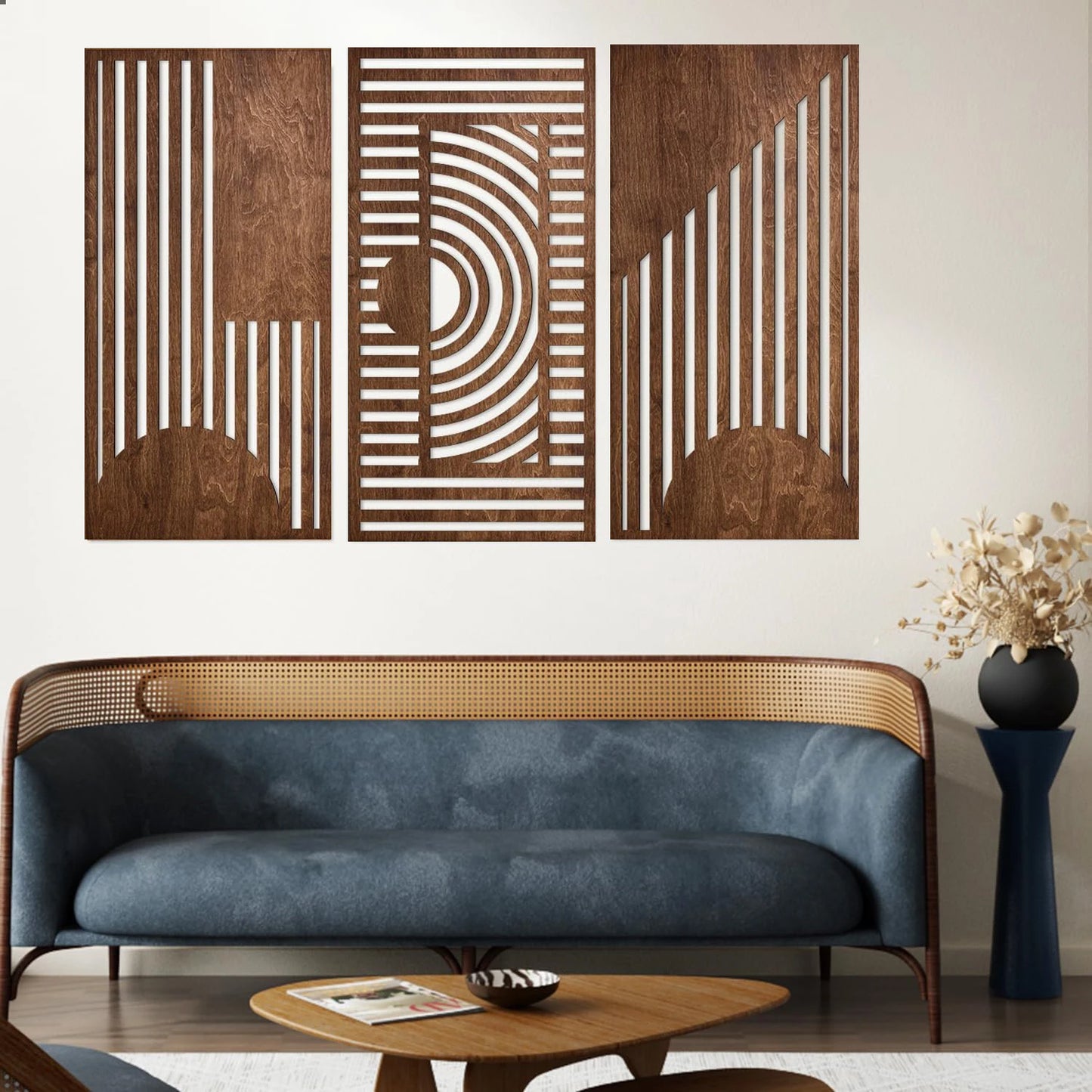 3 Pcs Geometric Wood Wall Art Decor, Wooden Minimalist Wall Hanging Decor, 3D Hollow Carved Craft Art Set, Boho Abstract