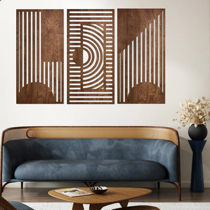 3 Pcs Geometric Wood Wall Art Decor, Wooden Minimalist Wall Hanging Decor, 3D Hollow Carved Craft Art Set, Boho Abstract