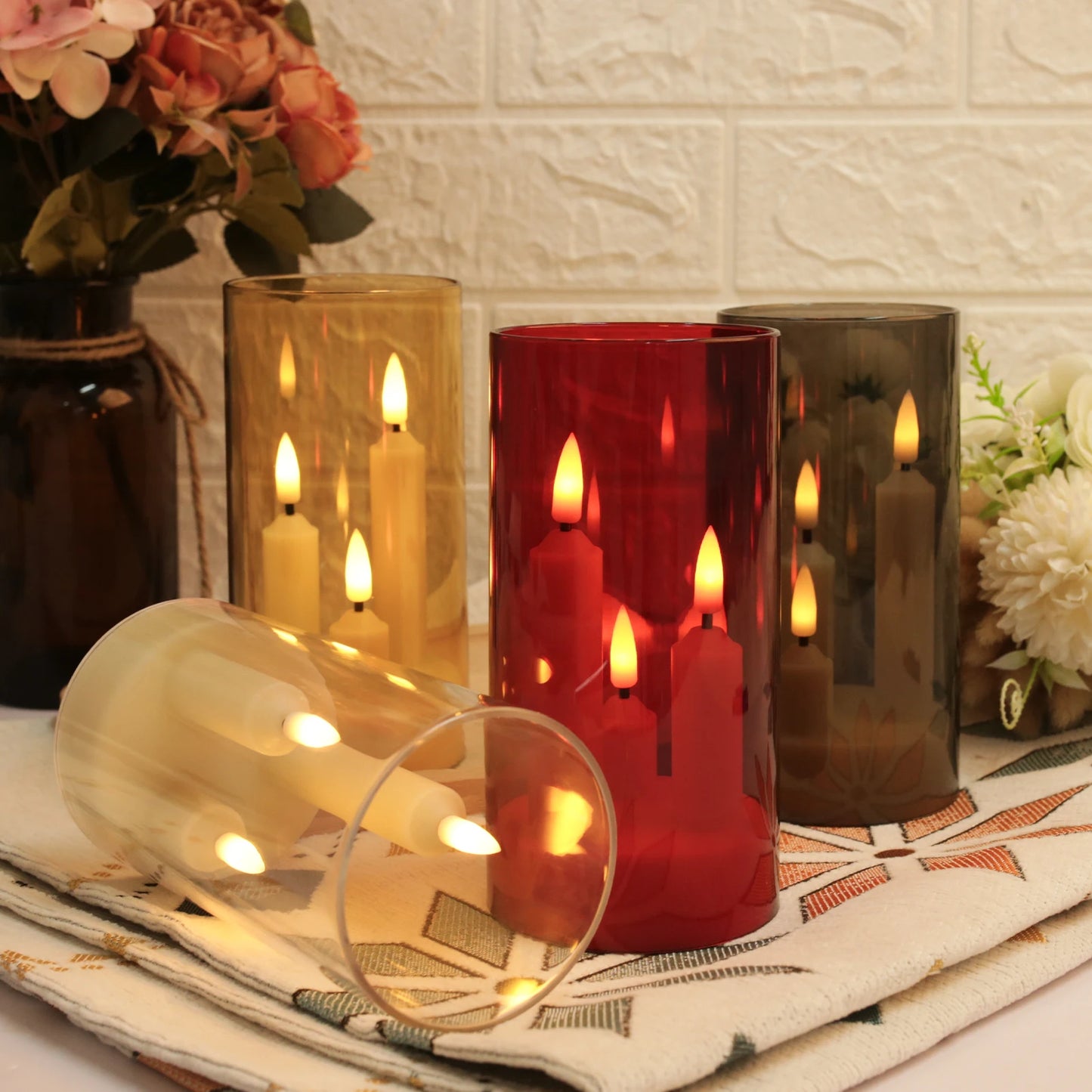Flameless 3 in 1 LED Taper Candles with 15CM Lampshade Battery Operated Flickering Electric Window Candles for Christmas Wedding