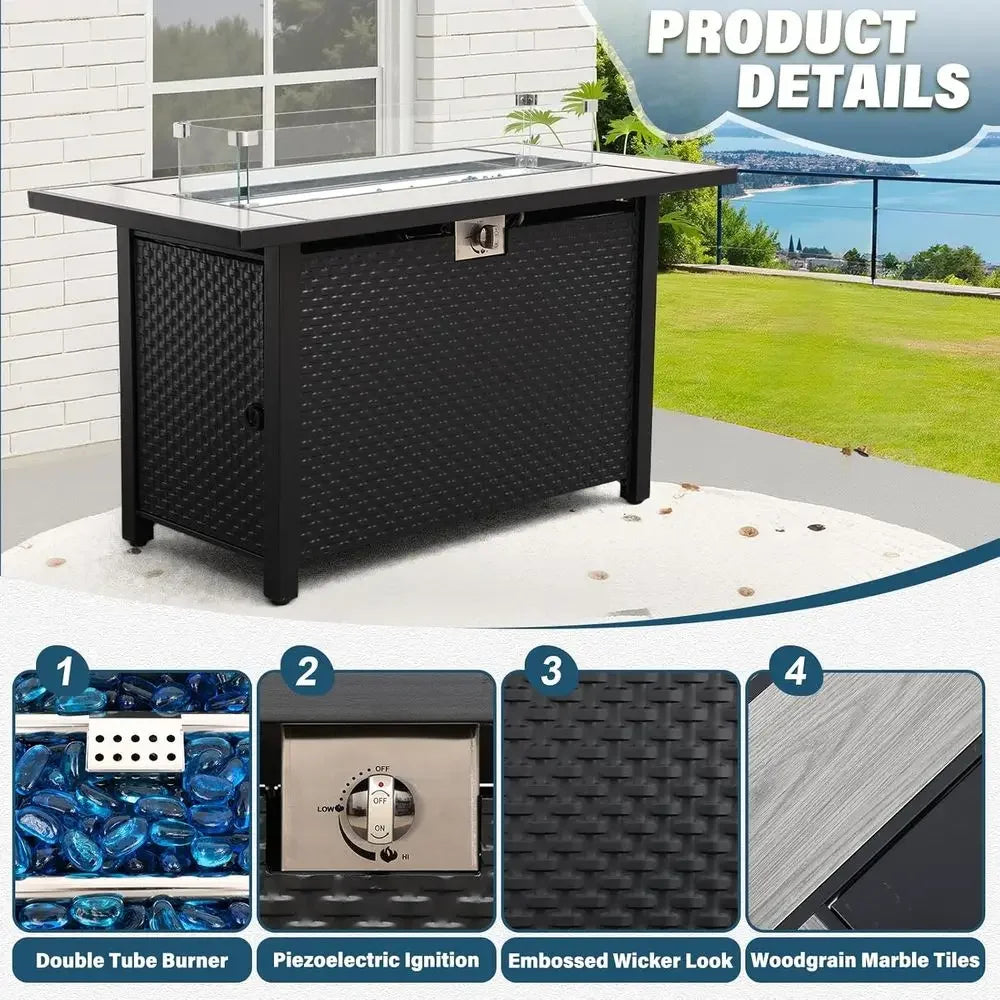 9-Piece Outdoor Wicker Patio Furniture Set with Sectional Sofa, Peacock Blue Cushions, and 45 Gas Fire Pit Table