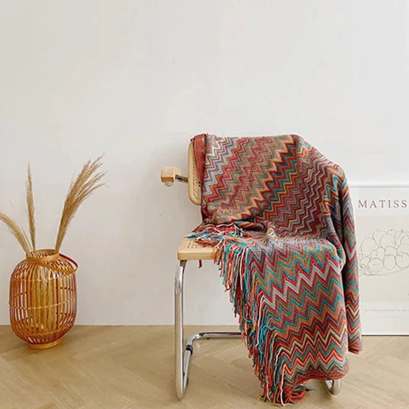 Bohemian Throw Blanket Geometric Knitted Blanket for Bed Plaid Living Room Boho Home Decor Travel Thread Blanket With Tassel INS