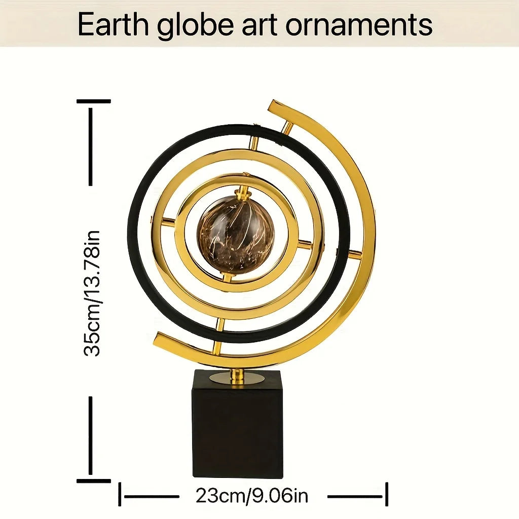 1PC Modern Abstract Metal Globe Sculpture Black & Golden Art Decor with Rectangular Base for Home Office Living Room Study Shelf