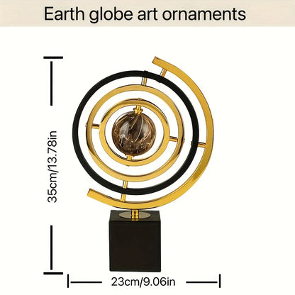 1PC Modern Abstract Metal Globe Sculpture Black & Golden Art Decor with Rectangular Base for Home Office Living Room Study Shelf