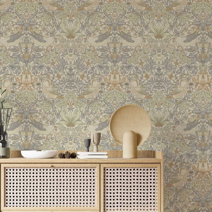 Natural Strawberry Thief Wallpaper, William Morris ,Removable Peel and Stick Wallpaper, Non-wowen Wallpaper,Wall Art Paper