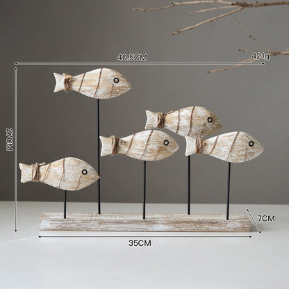 Retro Mediterranean Style 3D Wooden Shoal of Fish DecorationsHand Carving Ocean Desktop Crafts Ornaments DIY Bar Cafe Home Decor