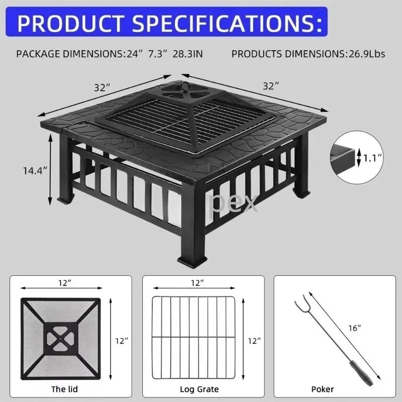 Modern Black Powder Coated Metal Fire Pit Table - Square Wood Burning Stove Heavy Duty Rustproof  Outdoor Patio Garden BBQ Party