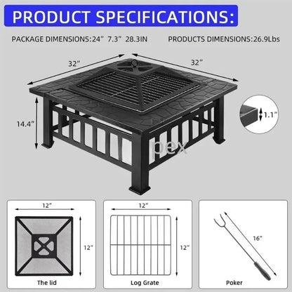 Modern Black Powder Coated Metal Fire Pit Table - Square Wood Burning Stove Heavy Duty Rustproof  Outdoor Patio Garden BBQ Party