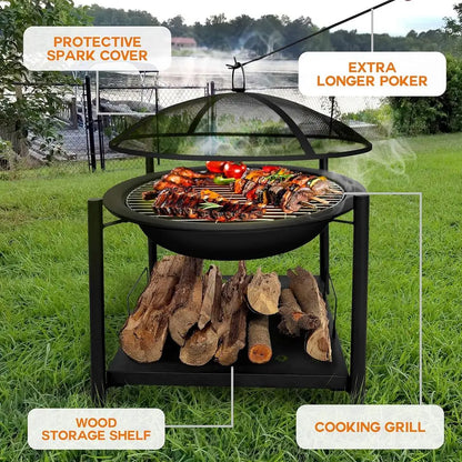Outdoor Wood Fire Pit - 26" Steel BBQ Grill with Mesh Spark Screen, Log Grate, Fire Poker & Cover for Camping, Picnic, Bonfire -