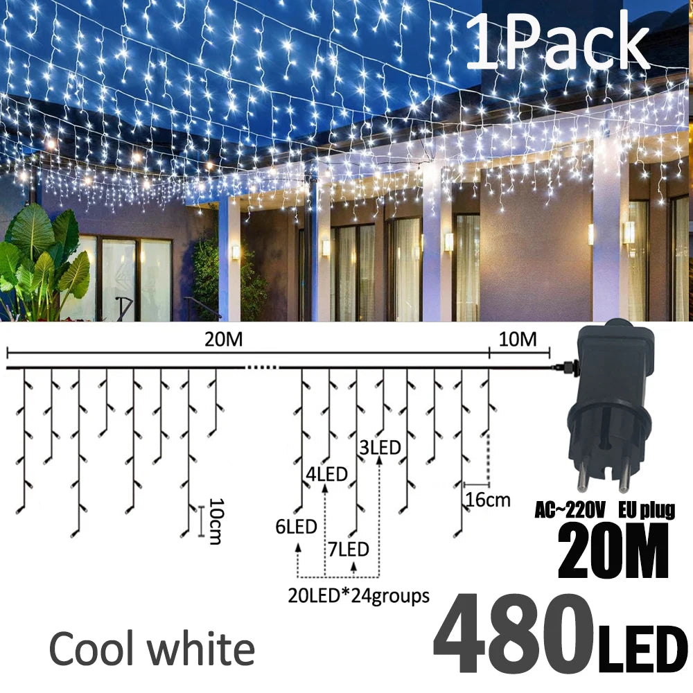 LED Christmas Icicle Curtain String Lights 20M+10M 480LED Extens 8Modes, Plug in Waterproof for Wedding Party Home Garden