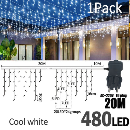 LED Christmas Icicle Curtain String Lights 20M+10M 480LED Extens 8Modes, Plug in Waterproof for Wedding Party Home Garden