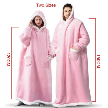 Extra Long Wearable Blankets Winter Flannel Hooded Blanket with Full Sleeves Men Women Cozy Soft Throw Adult TV Blanket