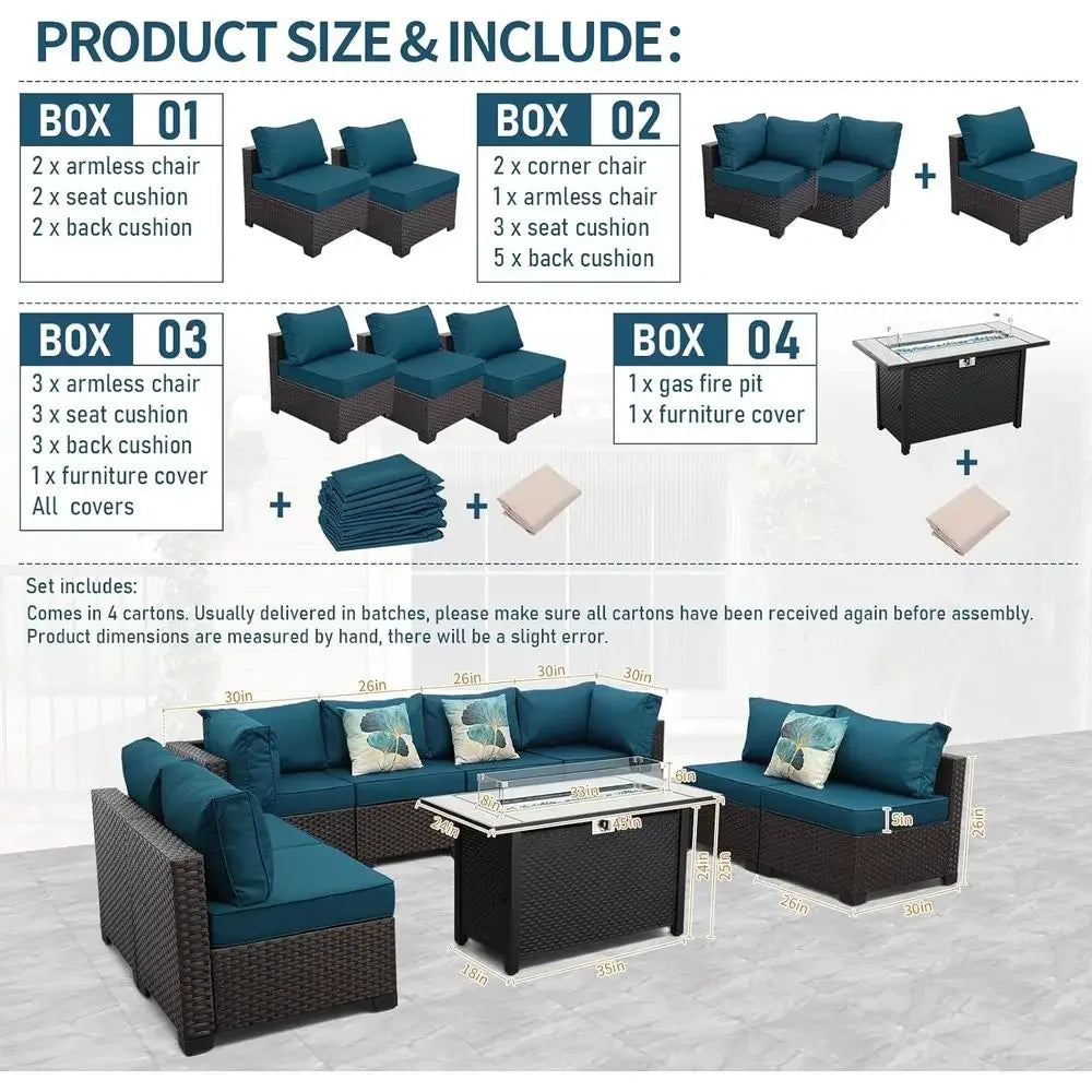 9-Piece Outdoor Wicker Patio Furniture Set with Sectional Sofa, Peacock Blue Cushions, and 45 Gas Fire Pit Table