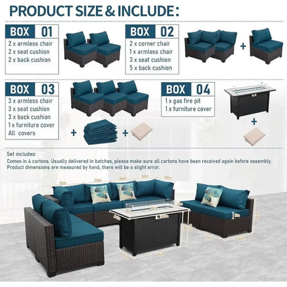 9-Piece Outdoor Wicker Patio Furniture Set with Sectional Sofa, Peacock Blue Cushions, and 45 Gas Fire Pit Table
