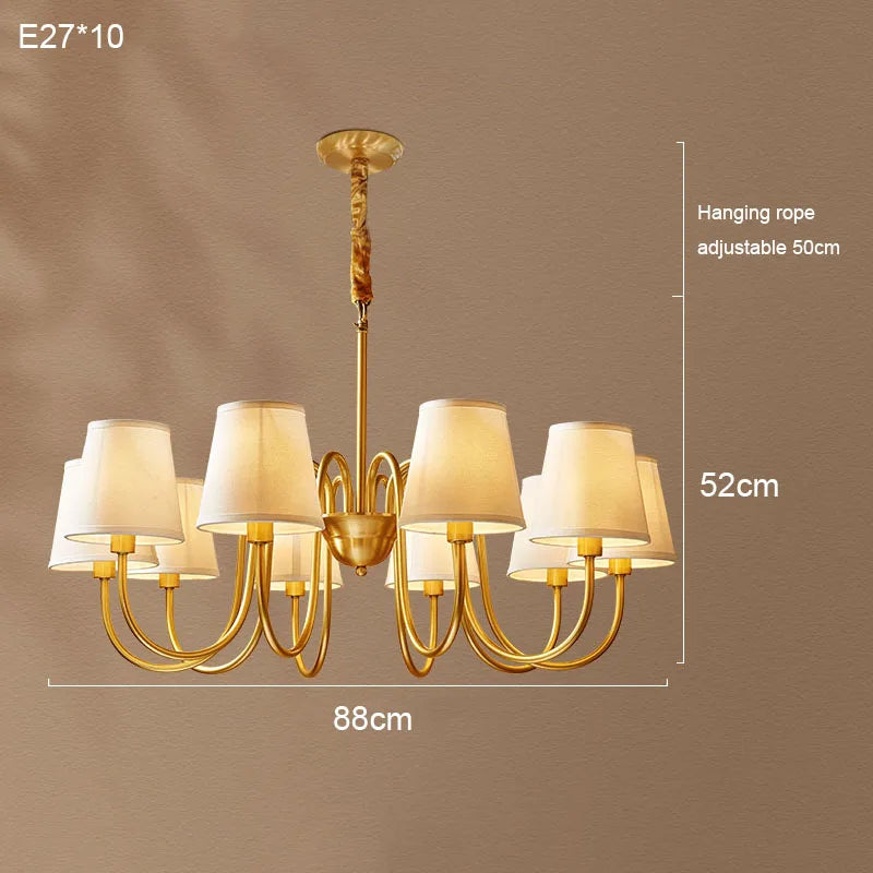 Medieval Living Room Copper Chandelier Retro Dining Room Modern Luxury Fabric Hanging Lamp Bedroom Simple Pendant Lighting