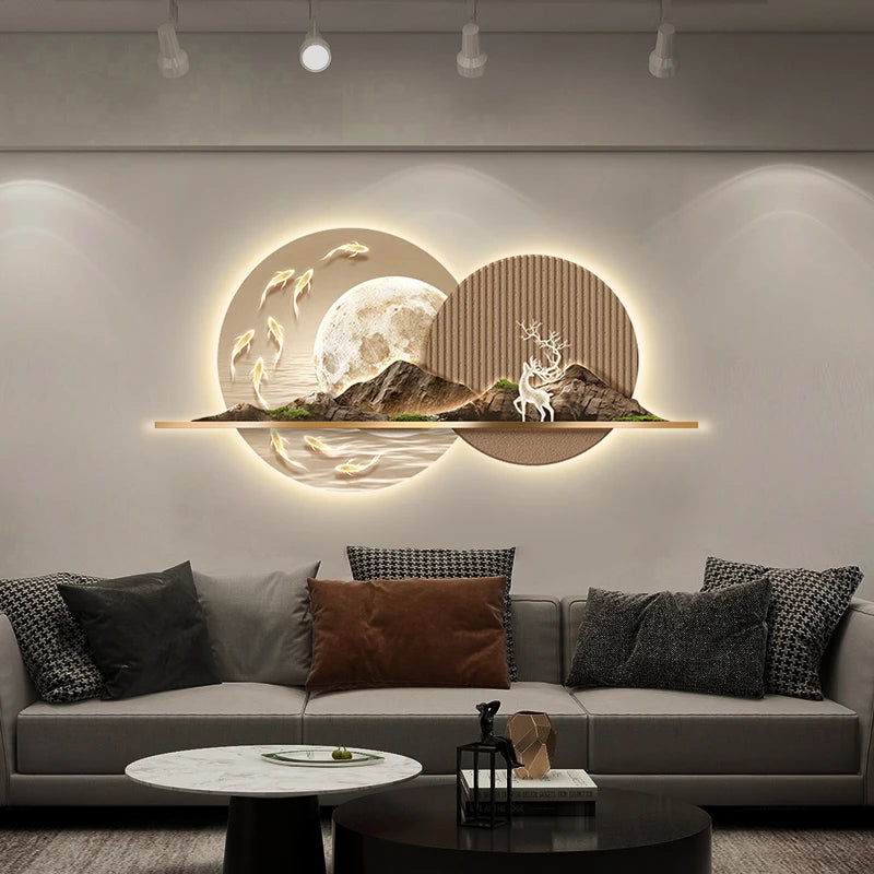 Light Luxury Living Room Painting New Led Light Mural Room Decoration Wall Lamp Living Room Home Interior Art Mural Accessories