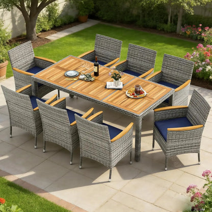 9pc Patio Dining Set Rattan Table & Chairs w/ Umbrella Hole Acacia Wood Top Backyard Balcony Poolside Navy, Custom