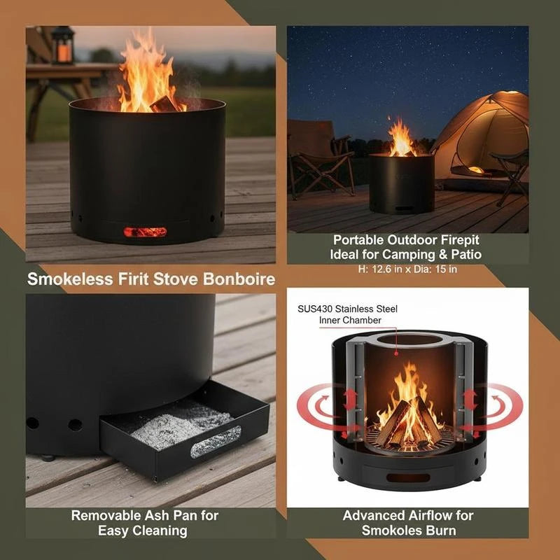 Portable Fire Pit 12.6 x 15 inch For Outdoor Patio Camping Backyard, Wood Burning Fireplaces Removable Ash Pan Metal Structure Outdoor Heating Gear