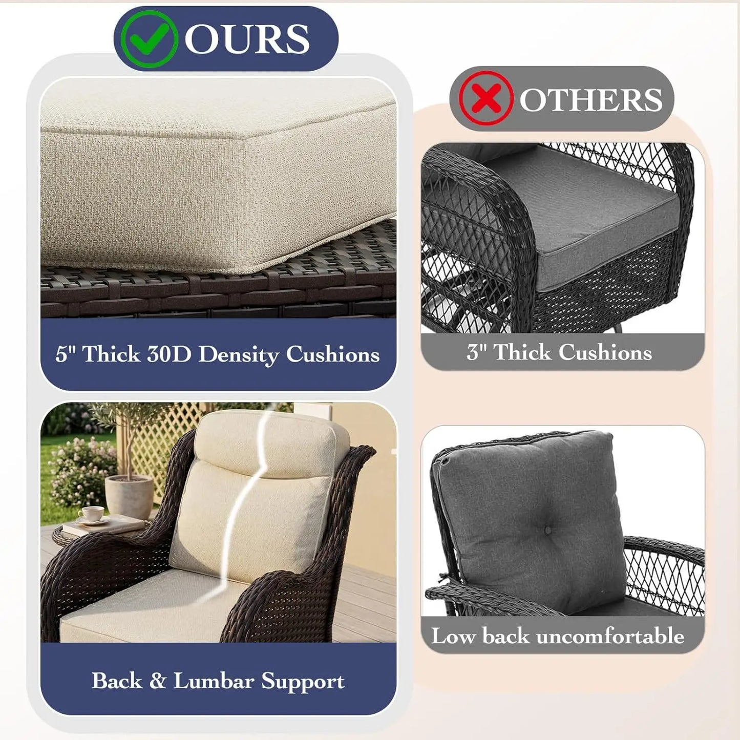 7 Pieces Outdoor Patio Furniture Set with 5" Thick Cushions, Weather-Resistant Wicker High Back Swivel Rocker, Customized